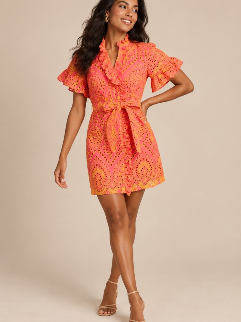 Abbey Glass Katie Hot Pink/Yellow Eyelet Dress Sz S